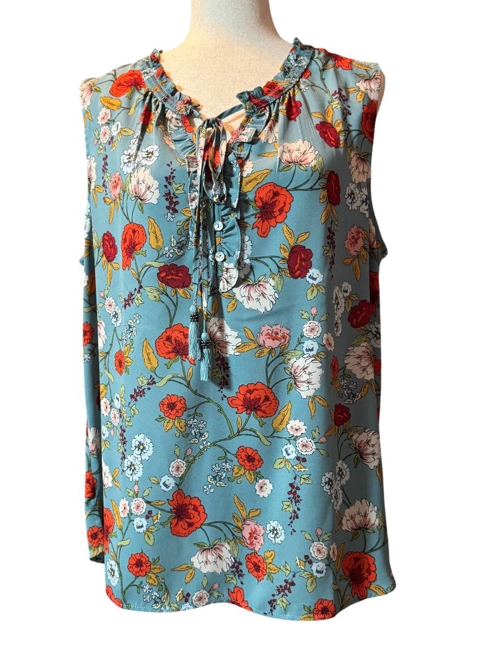 danielrainn XL Sleeveless Floral Ruffle Neck Blouse